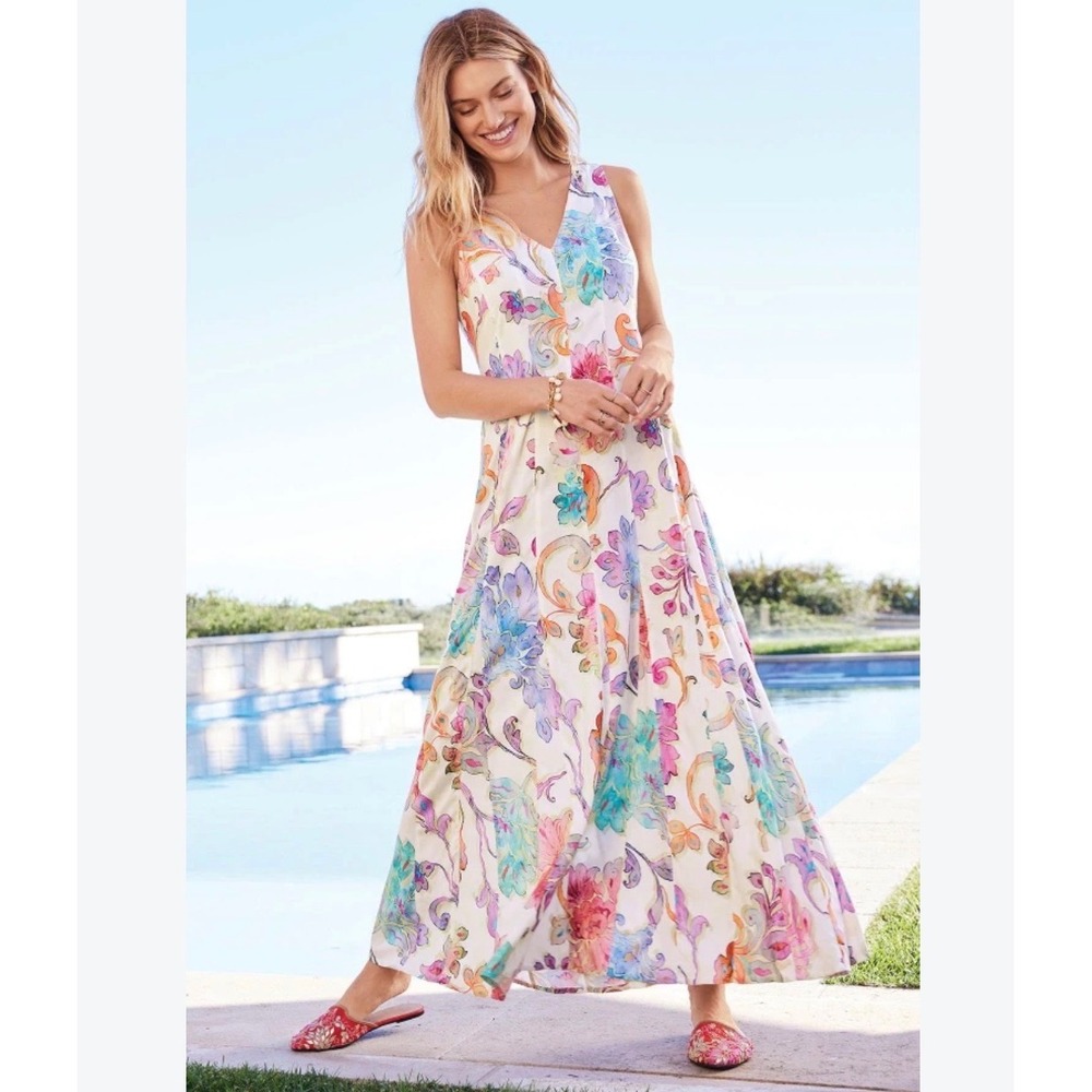 Soft Surroundings Multicolor Floral Paisley V-Neck Sleeveless Maxi Dress Medium